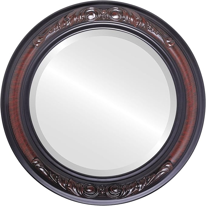 OVALCREST Round Beveled Wall Mirror for Home Decor - Florence Style - Vintage Cherry - 28x28 Outside Dimensions