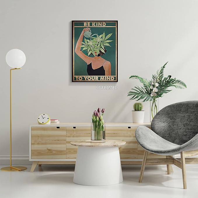 Vintage Be Kind To Your Mind Poster Mental Health Quote Canvas Wall Art Posters Cool Unique Green Plant Girl Print Painting Retro Home Wall Decor Pictures for Women Bedroom 24x36in Unframed