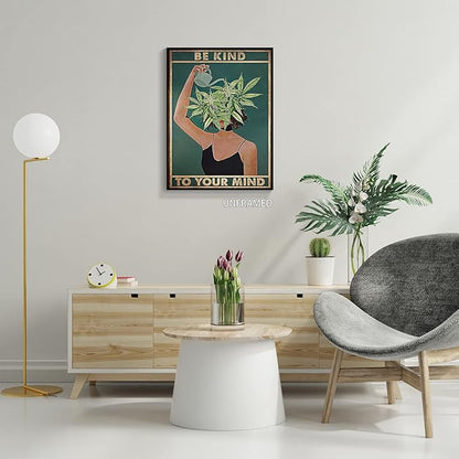 Vintage Be Kind To Your Mind Poster Mental Health Quote Canvas Wall Art Posters Cool Unique Green Plant Girl Print Painting Retro Home Wall Decor Pictures for Women Bedroom 16x24in Unframed