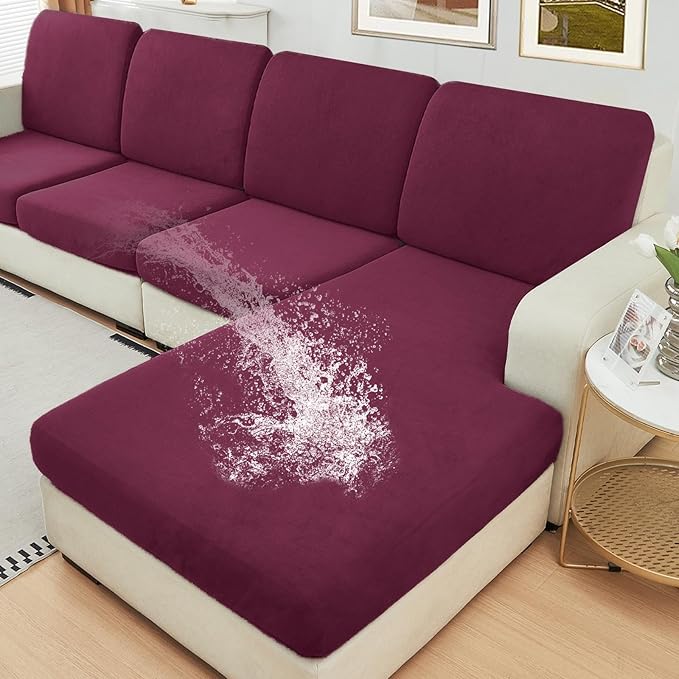 NAISI Waterproof Couch Cushion Covers Thick Velvet Fabric Washable Sofa Slipcovers Sectional Couch Covers for 3 Pieces Separate L Shape Couch Cover with Elastic Bottom(2 Seater + 1 Chaise, Burgundy)