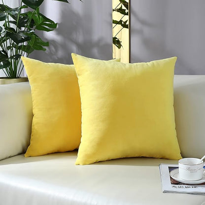 mixeoo Comfy Lemon Yellow Throw Pillow Covers Decorative Square Solid Thick Velvet Super Soft Cushion Cases Home Decor for Sofa Couch Living Room Chair, Set of 2, 16 x 16 Inch