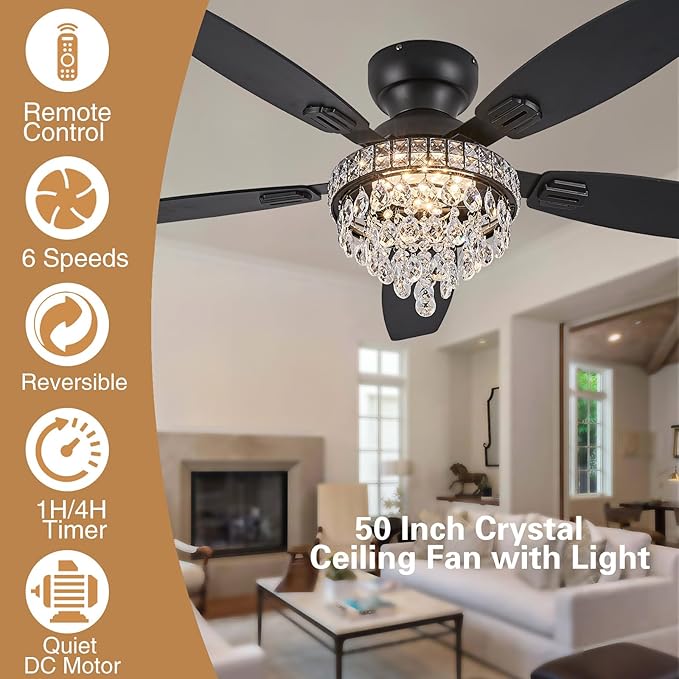 Crystal Ceiling Fan Fandelier with Lights-Ceiling Fans with Lights,50" Low Profile and Remote Control, Flush Mount, Reversible, Dimmable, Noiseless, Black Ceiling Fan for Bedroom