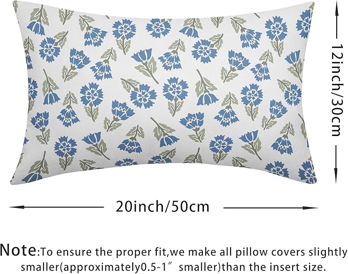 Blue Green Block Print Lumbar Pillow Covers 12x20 Set of 2 Floral Spring Summer Flower Pattern Decorative Outdoor Throw Pillowcases Boho Cushion Cover Rustic Decoration Farmhouse Sofa Couch Bed Decor