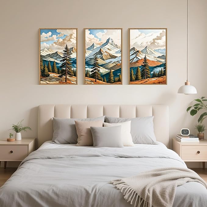 Large Woodcut Style Mountains Framed Canvas Wall Art,Vintage Pine Trees Wall Decor,Boho Natural Snow Ridge Artwork,Modern Woodland Landscape Art Print for Living Room,Bedroom,Office- 16"x24"x3