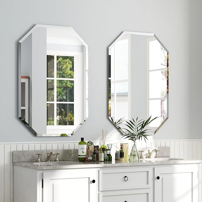 Chende 2 Packs Bathroom Mirror for Wall, 24"x32" Octagon Frameless Mirror with Beveled Edge, Vanity Mirror for Bathroom Living Room Bedroom Vertical or Horizontal