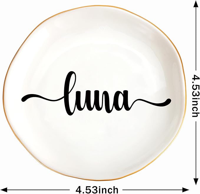 JoycuFF Luna Personalized Name Ceramic Jewelry Tray, Mothers Day Christmas Anniversary Engagement Birthday Gifts for Women Couples, Trinket Dish for Rings Earrings Necklaces Bracelets Keys
