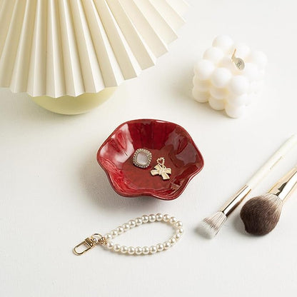 Ceramic Ring Dish, Jewelry Dish Holder, Small Trinket Tray Plate for Earrings Rings Necklaces Keys, Gift for Mom Friend Sister on Birthday Mother's Day Christmas (Red Surface)