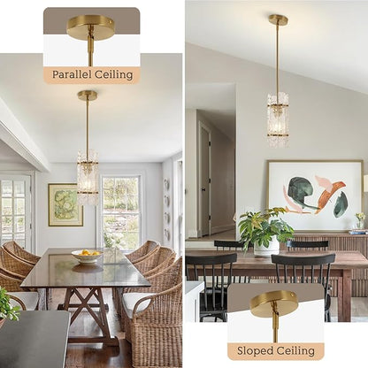Gold Crystal Pendant Light for Kitchen Island,Luxury Mini Water Ripple Glass Chandelier Lights Fixture, Modern Round Adjustable Hanging Pendant Lighting for Dining Room Bedroom Hallway (3-Pack)