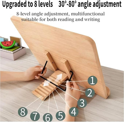 Reading Rack Wooden Bookshelf - Book Stand Foldable with 8 Adjustable Positions and Page Clips,Suitable for cookbooks、iPads、laptops、Sheet Music、and Reading Stands(13.4x9.45inch)
