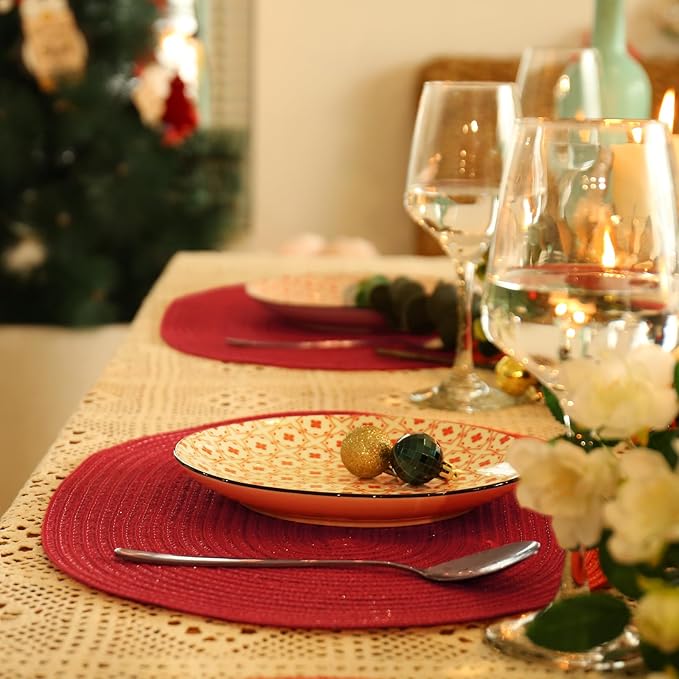 Noctiflorous Oval Braided Placemats Set of 8 Woven 12x18 Inch Non Slip Washable Heat Resistant Place Mats Round Tablemats for Dining Kitchen Party Daily Table Decor Dinner Mats (Red, 8)