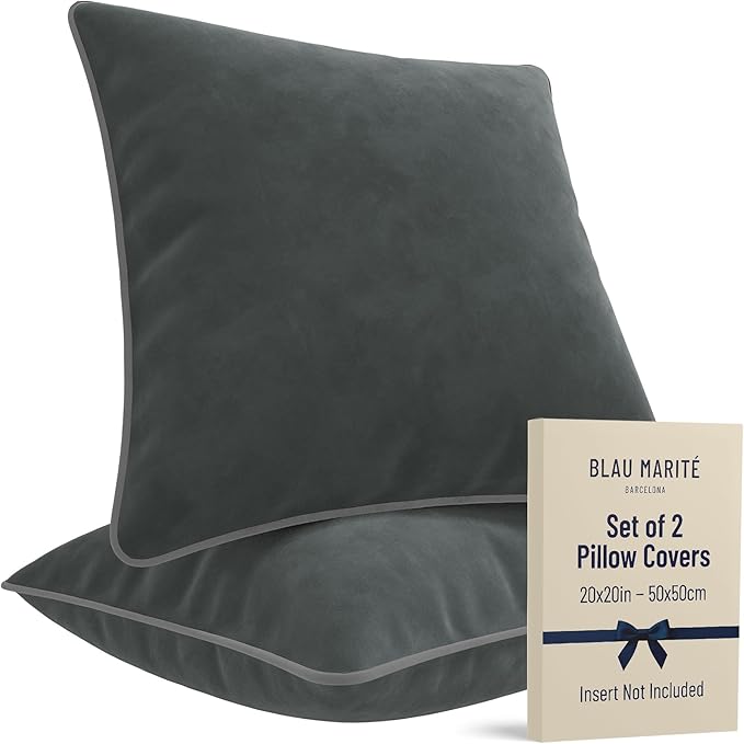 2 Pack Velvet Decorative Throw Pillow Covers, 20"x20", Deep Grey, Solid, Modern, Contrast Piping, Indoor Use, Bedroom & Living Room