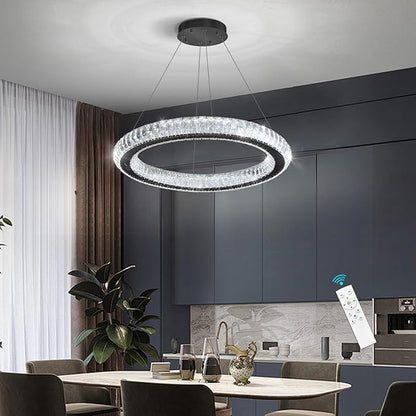 Crystal Ring Chandelier Black Modern LED Pendant Lights for Dining Room Remote Dimmable Hanging Light Kitchen Island Entrance Bedroom Lighting Chandeliers