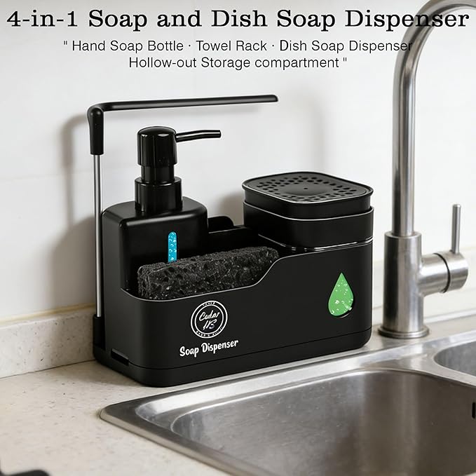 Kitchen Hand and Dish Soap Dispenser Set (Black) – Dual Pump Bottles with Sponge Caddy, Brush Holder, Towel Bar & Drain Rack – Space-Saving Countertop Organizer for Sink & Bathroom