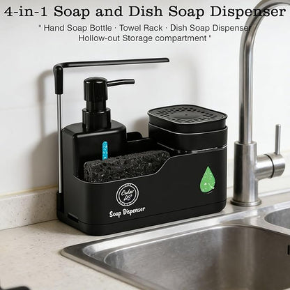 Kitchen Hand and Dish Soap Dispenser Set (Black) – Dual Pump Bottles with Sponge Caddy, Brush Holder, Towel Bar & Drain Rack – Space-Saving Countertop Organizer for Sink & Bathroom