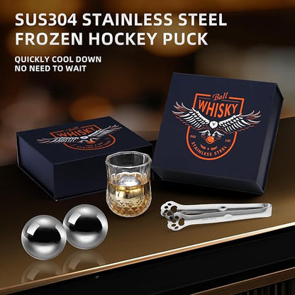 Stainless Steel Whiskey Ice Balls, Whiskey Stones, Set of 4 Reusable Metal Ice Cubes for Chilling Whiskey & Beverages - Gift Set for Men