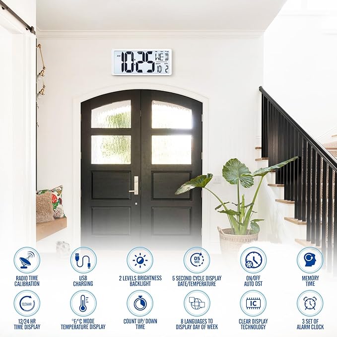 4.6" Numbers Display Built-in Rechargeable Power 15" Atomic White Wall Clock -Night Display-Never Needs Setting!-Easy to Read Numbers-Never Need Replace Battery