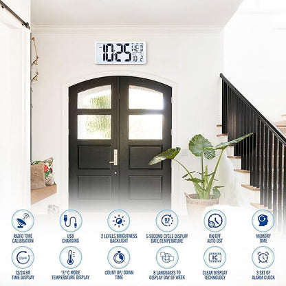 4.6" Numbers Display Built-in Rechargeable Power 15" Atomic White Wall Clock -Night Display-Never Needs Setting!-Easy to Read Numbers-Never Need Replace Battery
