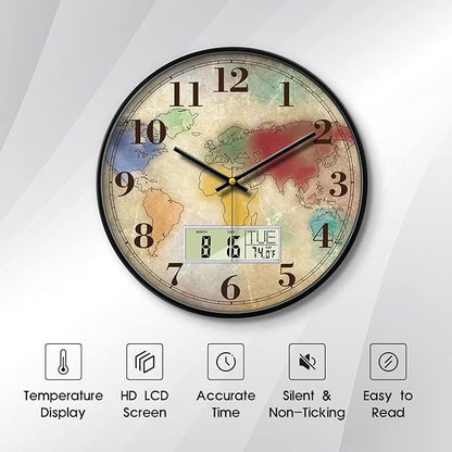 Modern Round Retro Digital and Analog Wall Clock Silent Calendar Colorful World Map Vintage Clocks with Date and Temperature Week Quiet Non-Ticking Kid Room Office Kitchen Decor for Bedroom 14 Inch