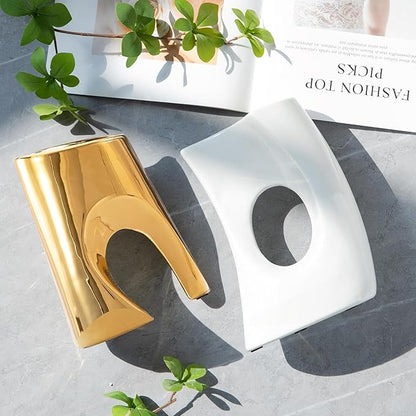 Gold and White Vases Set of 2, Ceramic Flower vase for Pampas Grass, Modern Gold Vases Home Decor, Nordic Snuggle Hollow Boho vase Table Centerpieces