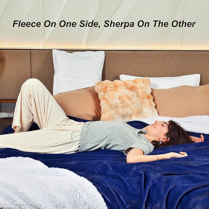 KAWAHOME Sherpa Fleece Twin Size Blanket for Bed - Extra Warm and Heavy Thick Blankets for Winter, Super Soft 500GSM Plush Blanket, 66"X 90" Navy Blue
