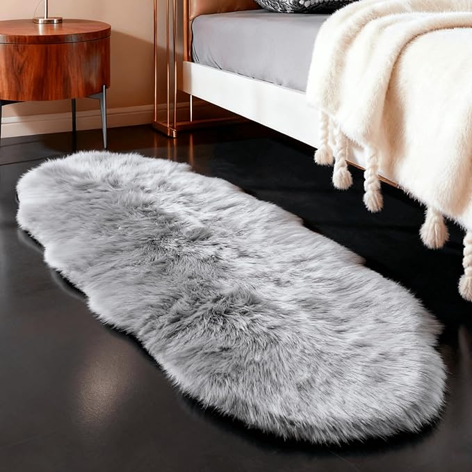 Faux Fur Rug Sheepskin Shag Fluffy Fuzzy Grey 2x6 ft Runner Rugs for Bedroom Bedside Bed Floor Living Room Plush High-Density Cushion Carpet Super Sofa Cover