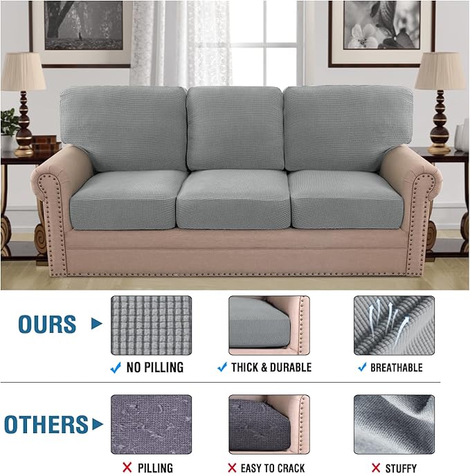 H.VERSAILTEX Multi-Pieces Sofa Slipcovers for 3 Seat Cushion Couch High Stretch Couch Cushion Covers Jacquard Textured Twill Fabric(3 Seat Covers Plus 3 Back Cushion Covers, Dove)