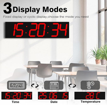 Digital Wall Clock with Large Display, 28.4‘’LED 6-Digit Large Clock with Adjustable Brightness, Multifunction Gym Clock with Countdown,Stopwatch and Workout Interval Timing (Red)