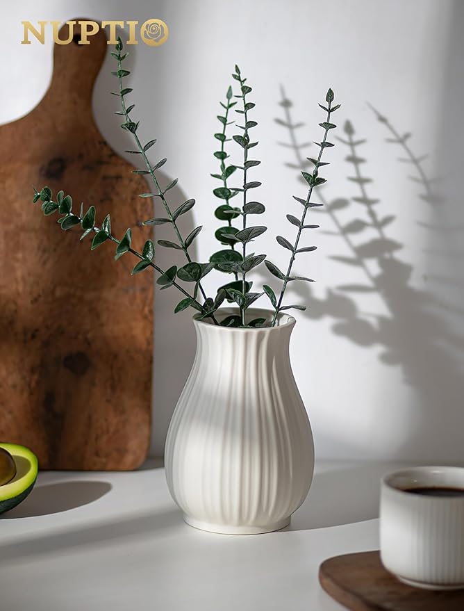 NUPTIO Ceramic Flower Vase for Bouquet: 8.07" Tall White Vases for Home Decor - Modern Decorative Table Centerpiece for Living Dining Room Kitchen Decor