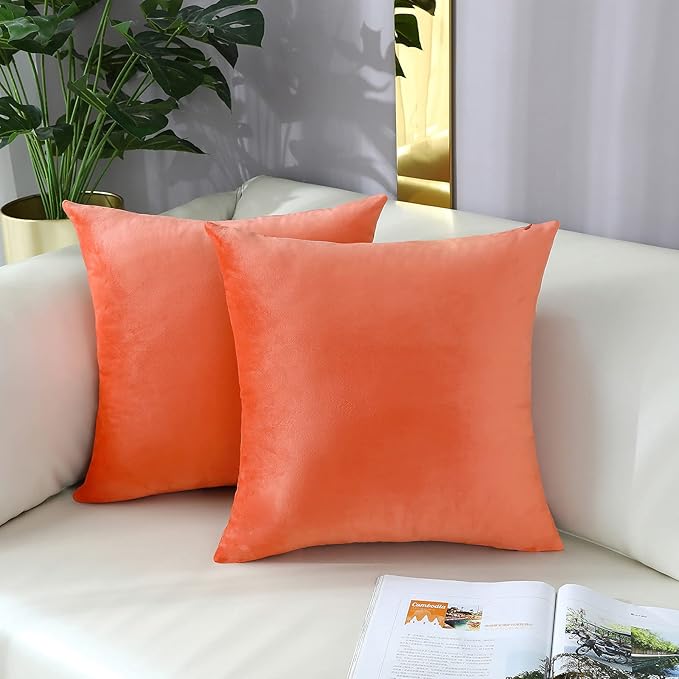 mixeoo Comfy Peach Coral Throw Pillow Covers Decorative Square Solid Velvet Super Soft Cushion Cases Home Decor for Sofa Couch, Set of 2, 18 x 18 Inch