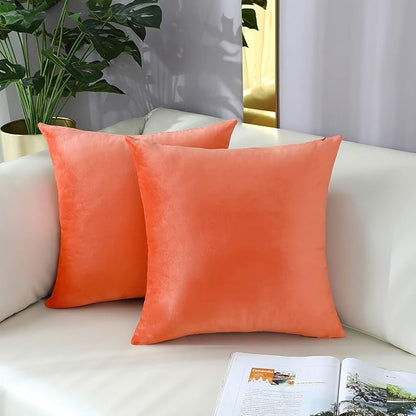 mixeoo Comfy Peach Coral Throw Pillow Covers Decorative Square Solid Velvet Super Soft Cushion Cases Home Decor for Sofa Couch, Set of 2, 14 x 14 Inch