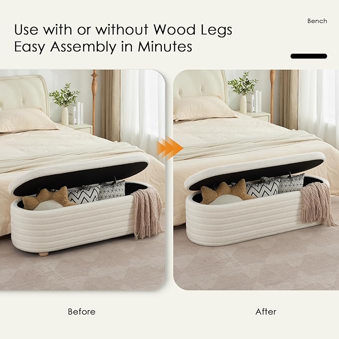 53" Storage Bench Teddy Ottoman Bench Upholstered Fabric Bench End of Bed Stool with Safety Hinge for Bedroom, Living Room, Entryway, White