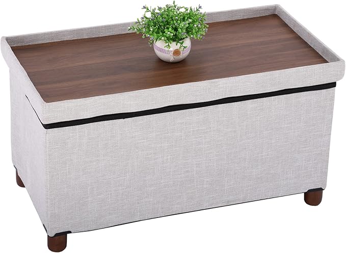 30 Inches Storage Ottoman Bench, Storage Bench with Wooden Legs for Living Room Folding Ottoman Foot Rest Removeable Lid for Bedroom End of Bed, Linen Fabric