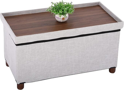 30 Inches Storage Ottoman Bench, Storage Bench with Wooden Legs for Living Room Folding Ottoman Foot Rest Removeable Lid for Bedroom End of Bed, Linen Fabric