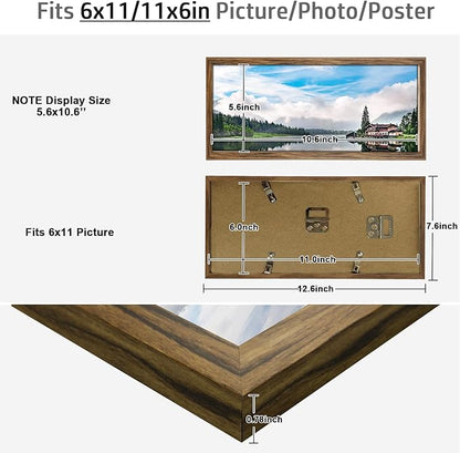 6x11 Frame Rustic Brown, Distressed 11x6 Picture Frame, Art Pic Hanging Poster Frame, 6 by 11 Gallery Family Concert Portrait Wall Photo Frame Horizontal Vertical Display Gift