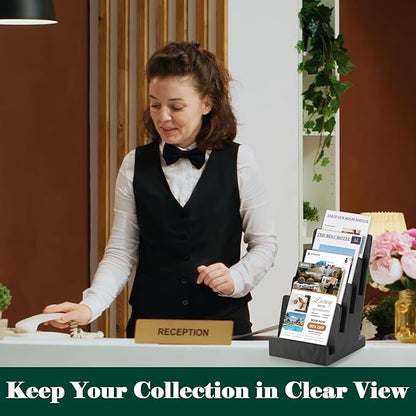 4 Tier Wood Brochure Display Stand 6 x 9 inch Black Brochure Holder Pamphlet Display Stand for 5.5 x 8.5 inch 5 x 7 inch Booklets Menus Postcard Holder Multi Purpose Organizer