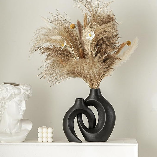 Levvohd Black Hollow Ceramic Vase Set of 2, Snuggle Round Boho Donut Modern Vase Nordic Minimalist Decorative Vase for Modern Trendy Home Table Centerpiece Decor (W 6.3" X H 8")