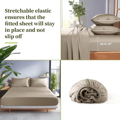 Shilucheng 100% Viscose Derived from Bamboo_ Sheets Full Size 4pcs - Ultra Cooling & Silky Soft Bed Sheets, 16" Deep Pocket, Perfect for Hot Sleepers, Hotel Bedding Sheets (Simply Taupe)