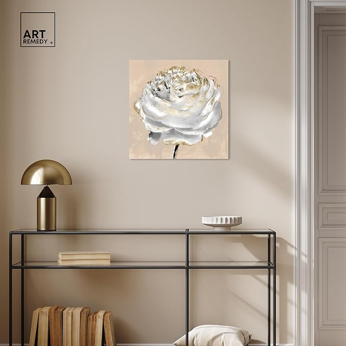 Art Remedy Beige Ranunculus Canvas Elegant White Gold Wall Art, Gallery Wrapped, 20" x 20"