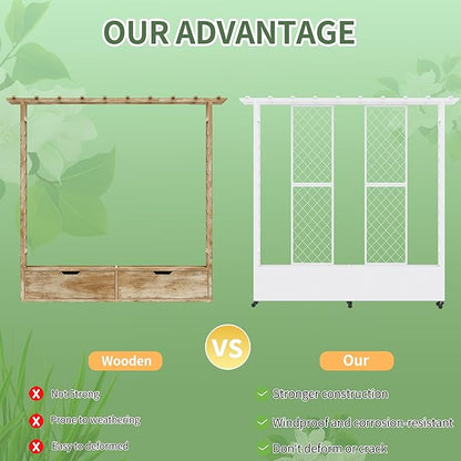 Raised Garden Bed with Trellis & Hanging Roof, Weatherproof Metal Planter Box with Wheels, Garden Arch Trellis for Outdoor Climbing Plants Vines Flowers, 74" H x 77" L x 17" W, White