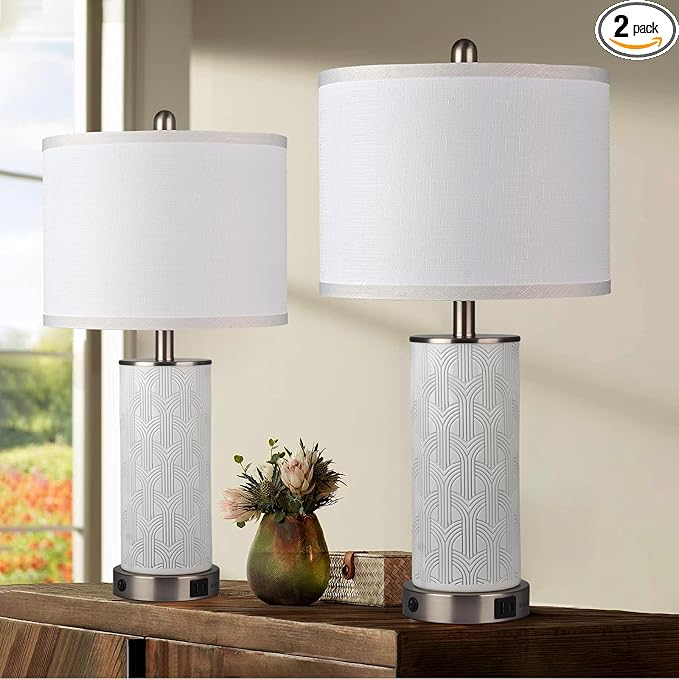 Irregular Ceramic Beautifully Engraved Decorative 25" Table Lamps Set of 2 with Nightlight,E26 Socket&Rotary Switch,USB A+C Ports,Modern Bedside Lamps for Nightstand,Bedroom(Bulbs Included)
