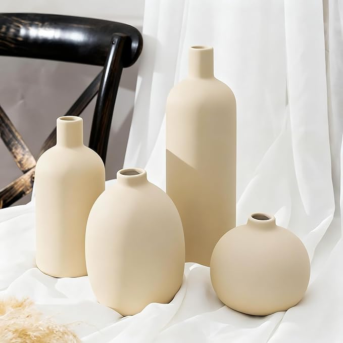 Beige Ceramic Vase Set of 4, Modern Neutral Colors Home Decor, Rustic Farmhouse Decorative Flowers Vases for Bouquet, Pampas | Table Mantel Centerpiece Bookshelf Living Room Bedroom (Beige)