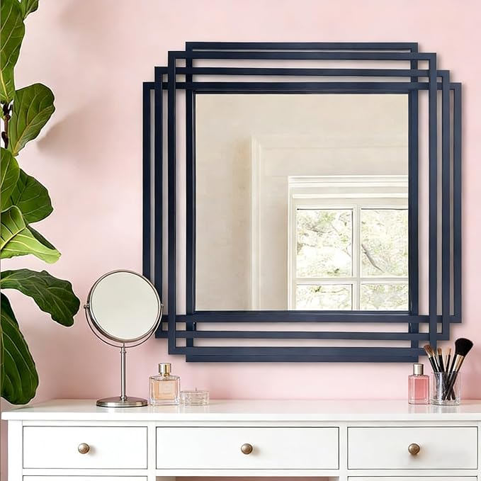 Modern Vanity Mirror, 24"x24" Geometric Art Deco Mirror with Black Metal Frame, Square Elegant Wall Mirrors for Living Room Bathroom Bedroom Entryway Hallway Fireplace