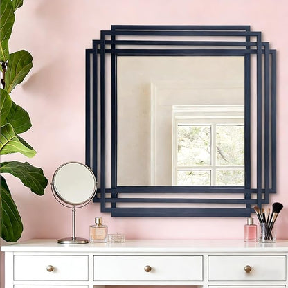 Modern Vanity Mirror, 24"x24" Geometric Art Deco Mirror with Black Metal Frame, Square Elegant Wall Mirrors for Living Room Bathroom Bedroom Entryway Hallway Fireplace