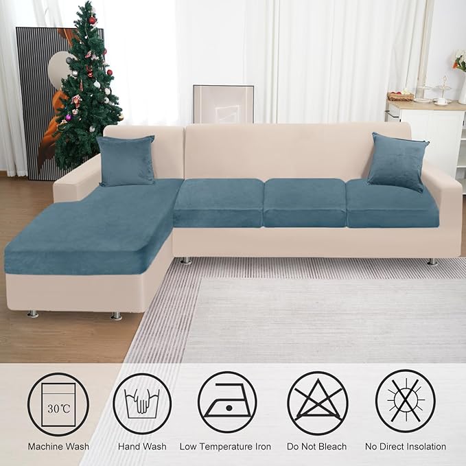 Sectional Couch Covers for 4-Piece Seat Cushion Velvet Separate L Shape Couch Cover Stretch Sofa Slipcover with 2 Pieces Pillowcases Furniture Protector (Sofa 3 Seater + 1 Chaise, Teal)