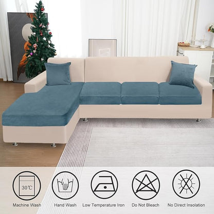 Sectional Couch Covers for 4-Piece Seat Cushion Velvet Separate L Shape Couch Cover Stretch Sofa Slipcover with 2 Pieces Pillowcases Furniture Protector (Sofa 3 Seater + 1 Chaise, Teal)