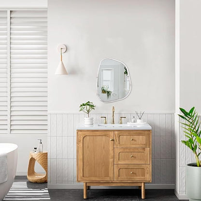 Irregular Wall Mirror Modern Oval Asymmetrical Wooden Framed Unique Hanging Mirror Artistic Wavy Mirror Decor Bathroom Vanity Bedroom Living Room Entryway Hallway Small 14"x10"