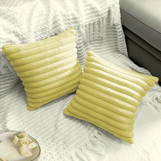 2 Pack 18x18 Pillow Cover Velvet Pillow Covers, Faux Fur Square Throw Pillow Covers for Living Room Decorations Throw Pillow Case, Throw Pillow Cover Cushion Cover for Sofa Bedroom Car, Lemon Yellow