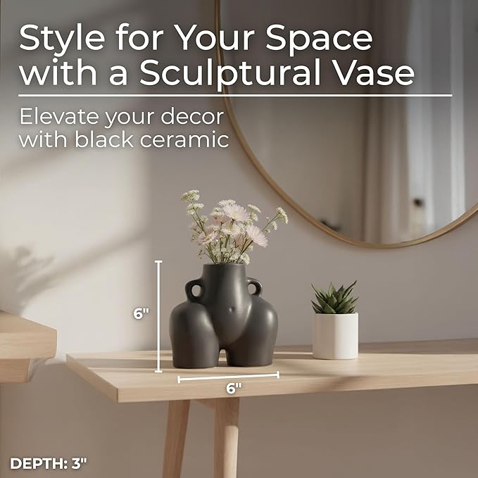 Sagebrook Home Ceramic Stoneware Vase - Modern Art-Inspired Decorative Accent - Glam Home & Office Decor - Unique Sculpture Design for Living Room, Bedroom, or Workspace - 6" Black
