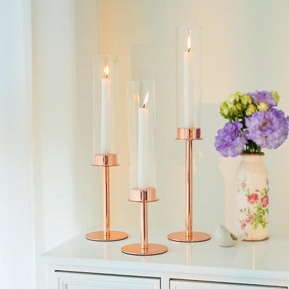 Hurricane Candle Holders Set of 3 Metal Candlestick Holder for Glass Taper Tall Candle Holders with Crystal Chimney Tube Candles Stands for Home Decor, Christmas, Dinning (3, Rose Gold)