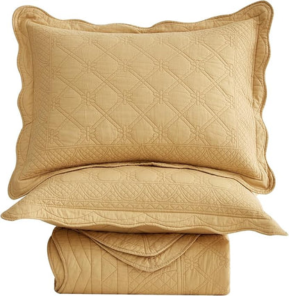 CHIXIN Oversized Cotton Bedspread Queen Size - Real Stitching - Luxury Quilted Bedding Cover for All Season, Reversible, Ultra Soft, Lightweight, 3 Piece, Honey Gold